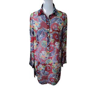 Fashion Union Boho Shirt Dress Sheer Tunic Burgundy Multicolor Women's Size XS